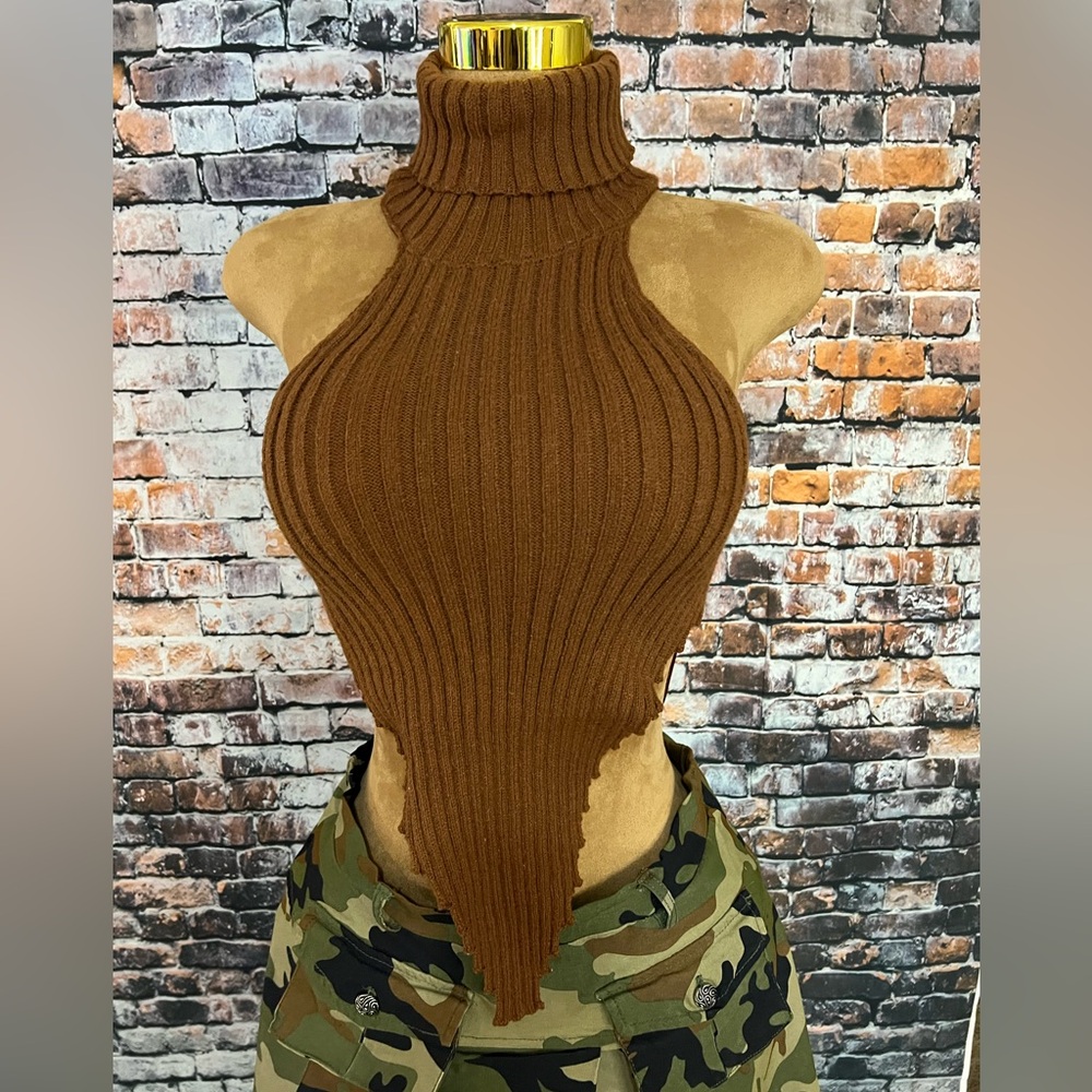 Halter top.  Backless sweater.  Mock neck